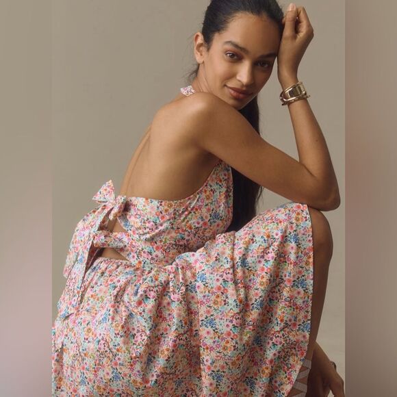 Anthropologie Atsu Sally Bow Back Halter A-line Midi dress Size M Pink - Picture 2 of 4